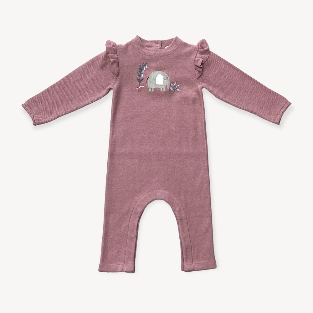 Viverano Elephant Embroidered Ruffle Baby Knit Jumpsuit (Organic)